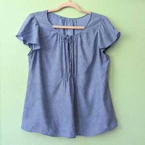 Blue White 100% Silk Dot Pintuck Lightweight Flutter Sleeve Blouse Top